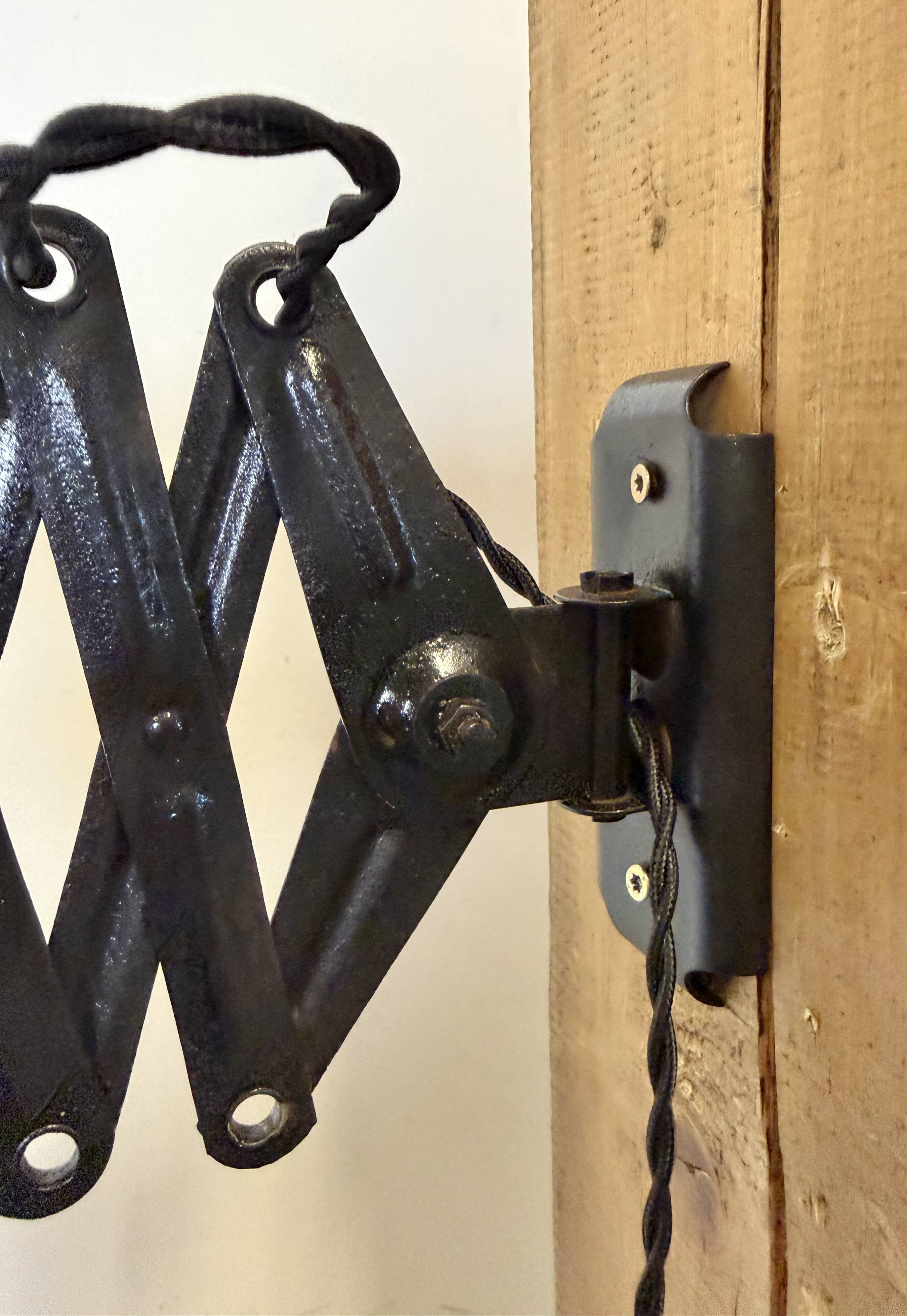 Industrial Black Enamel Scissor Wall Lamp, 1930s