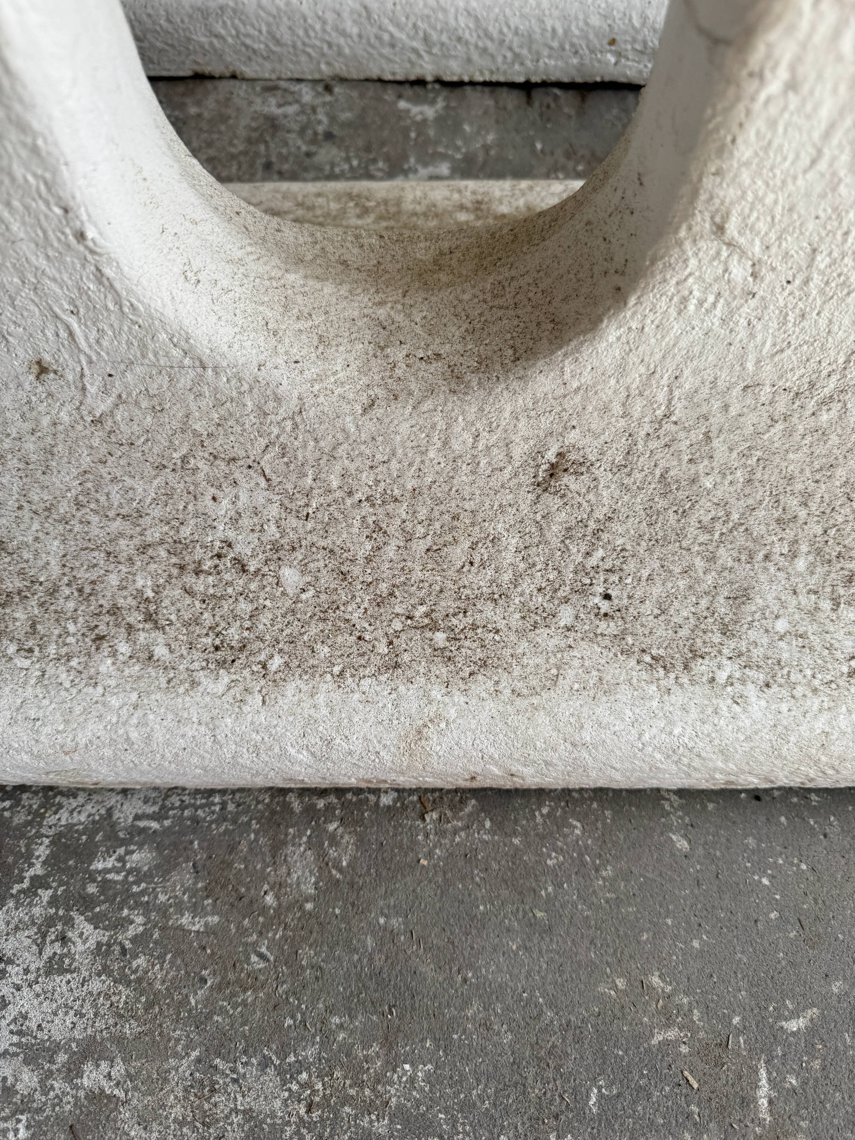 Pair of sculptural cast concrete planters in Off-White, mid-century brutalist style, long and rectangular.
