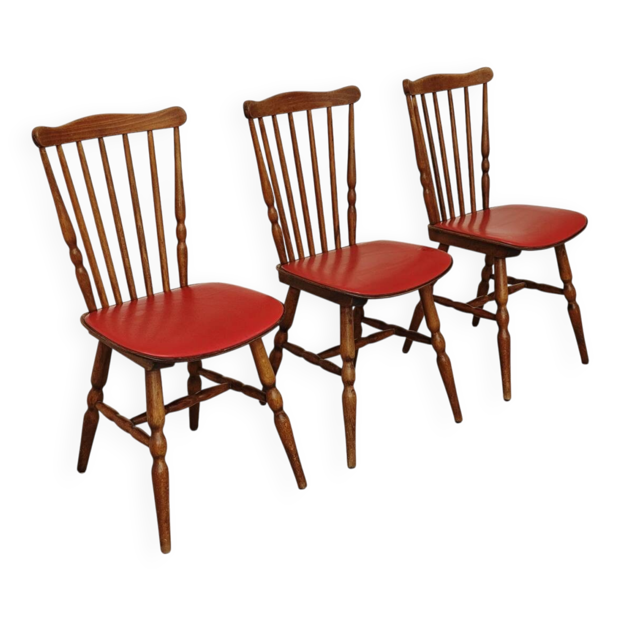 Lot de 3 chaises bois et skaï rougeTacoma par Baumann 1960