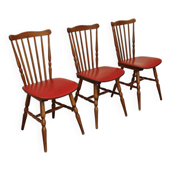 Lot de 3 chaises bois et skaï rougeTacoma par Baumann 1960