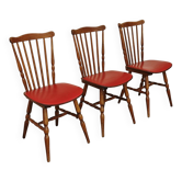 Set of 3 wooden chairs with red faux leather Tacoma by Baumann 1960