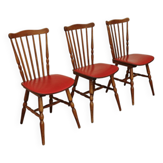 Set of 3 wooden chairs with red faux leather Tacoma by Baumann 1960