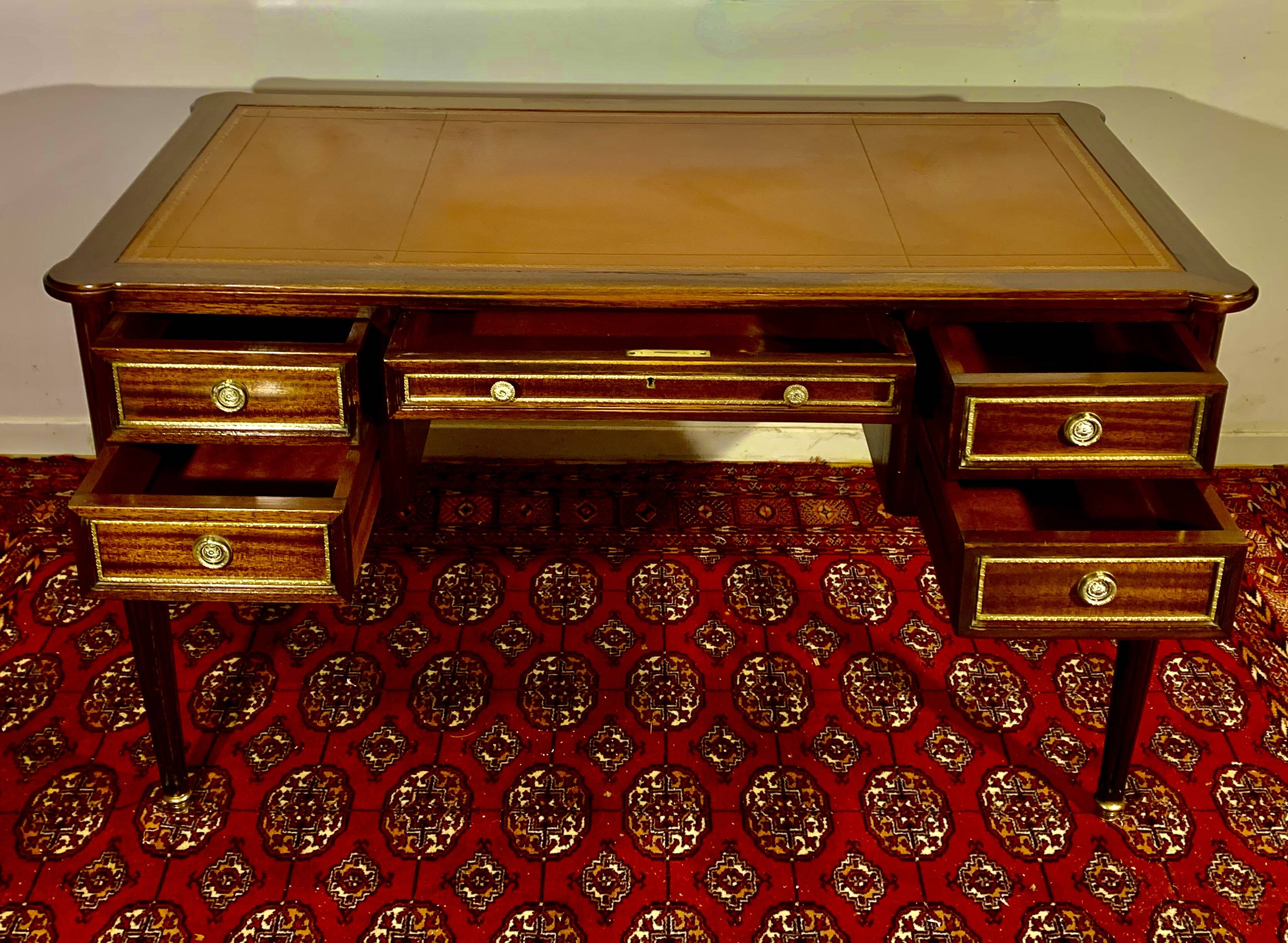 Louis XVI style desk, mahogany, tan leather