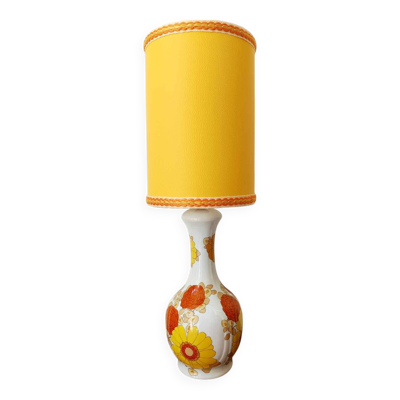 Lampe 1970 aux fleurs et abat-jour cuir sur mesure