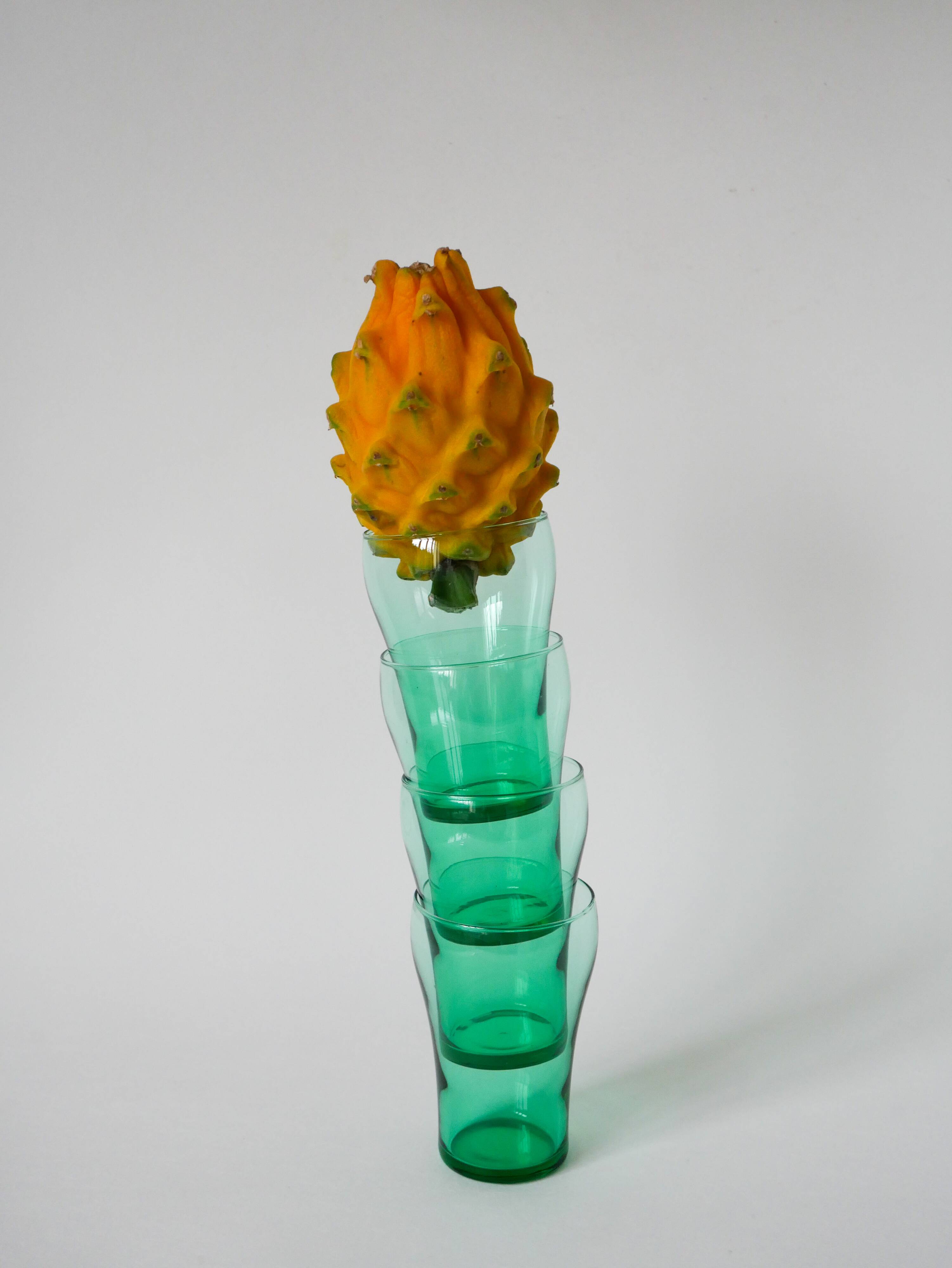 Set of 4 green glass glasses 1970