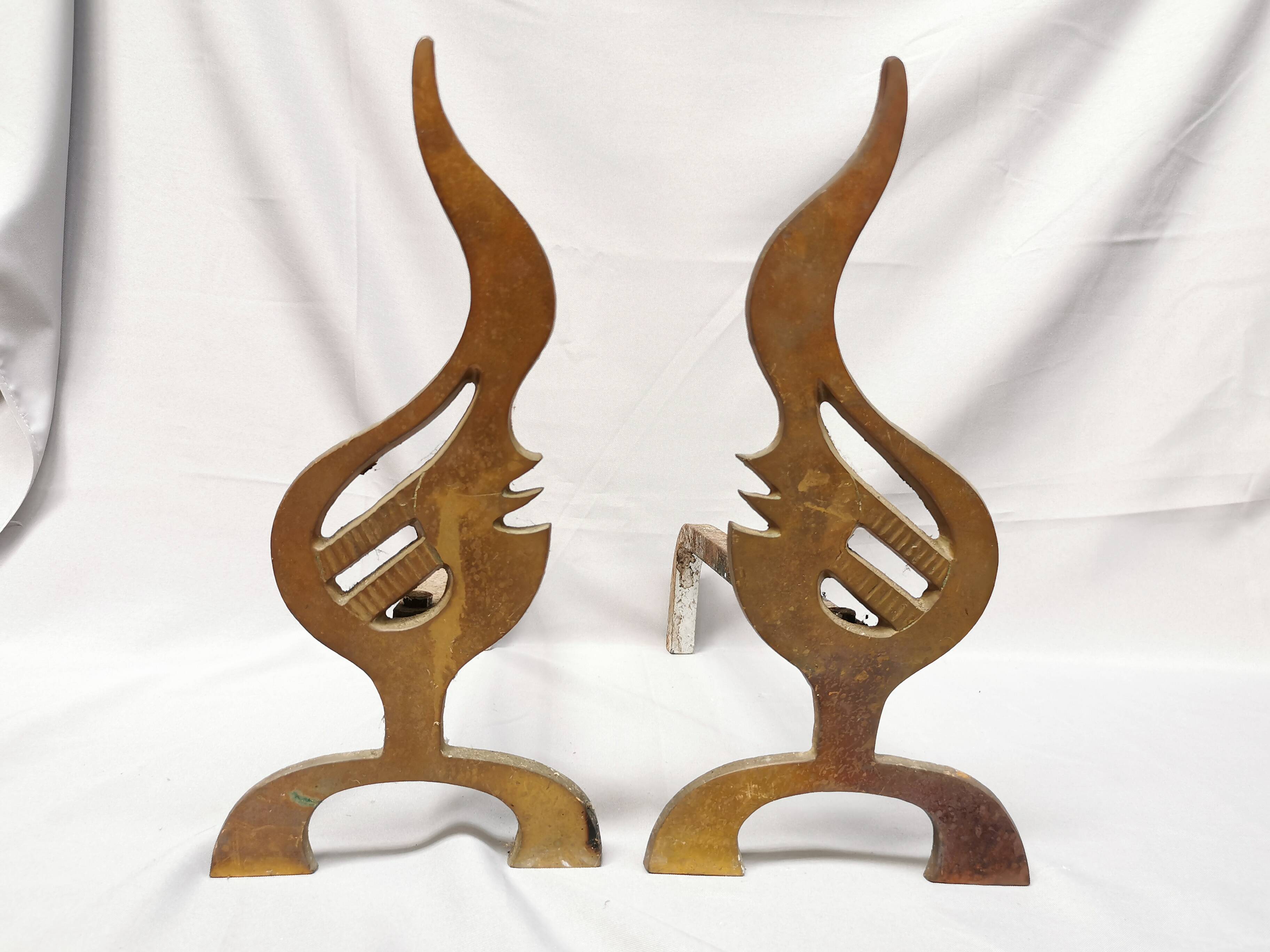 Pair of vintage design andirons bronze flame for fireplace