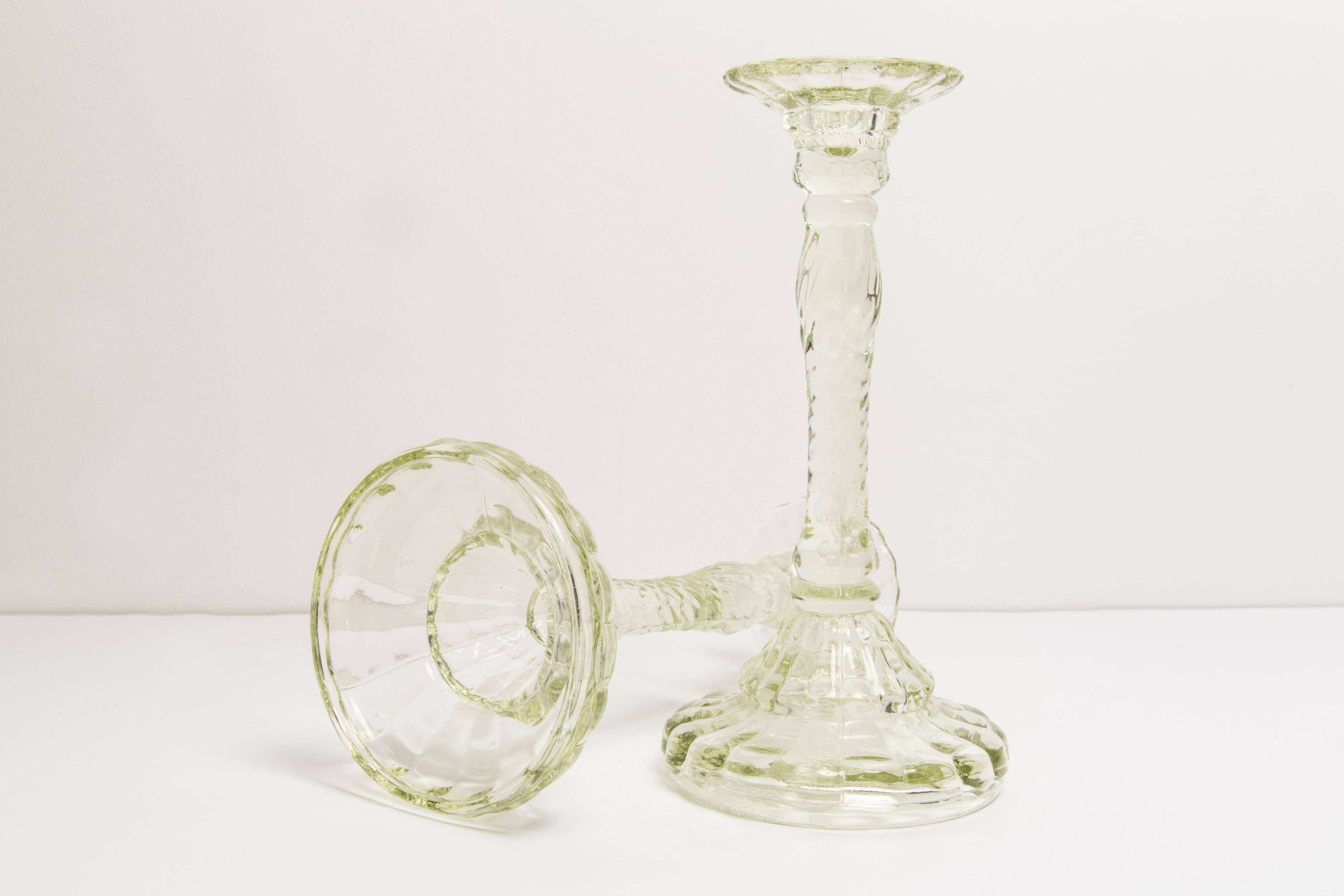 Set of two light green glass candlesticks from the mid-century, Europe, 1960s.