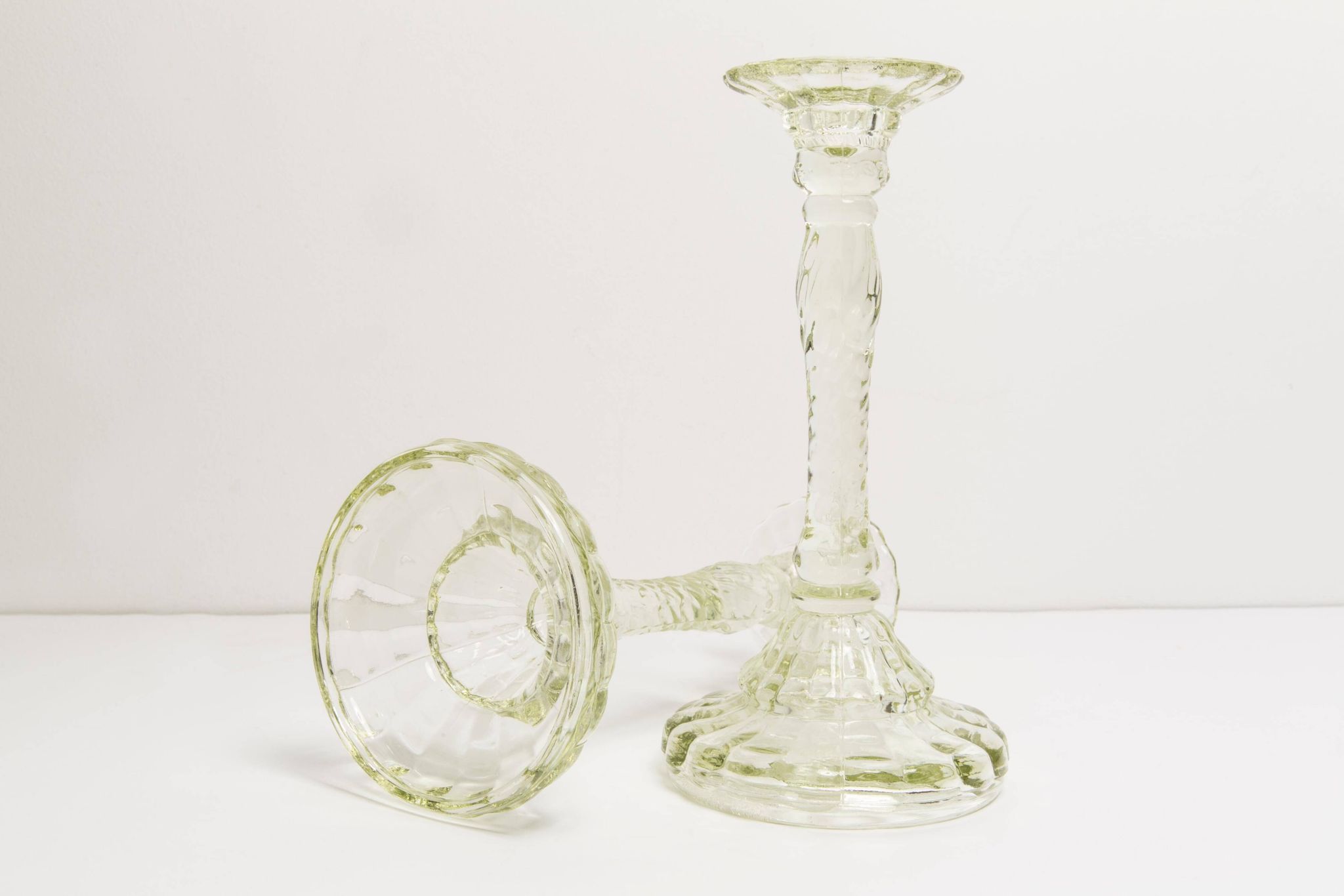Set of two light green glass candlesticks from the mid-century, Europe, 1960s.