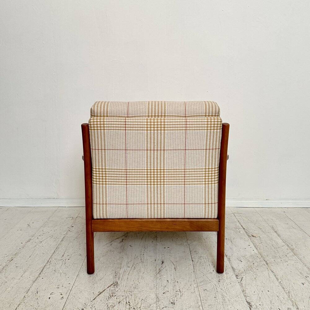 Mid-Century Scandinavian Armchair in Cherry Wood and Checked Fabric, 1960s