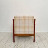 Mid-Century Scandinavian Armchair in Cherry Wood and Checked Fabric, 1960s