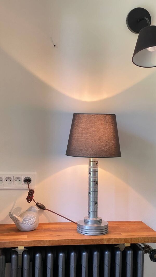 Lampe industrielle métal poli et tissu kaki vintage