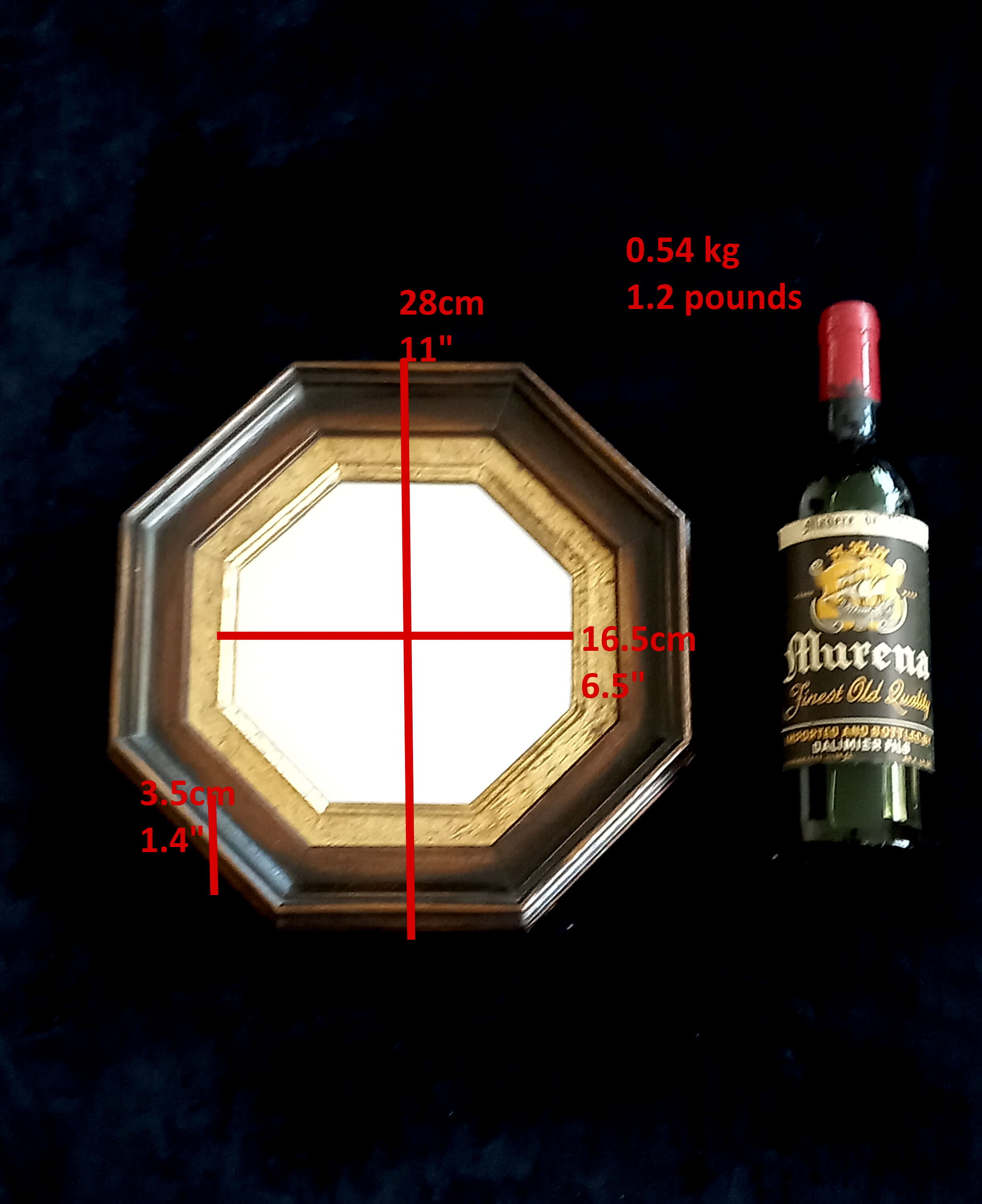 Octagonal renaissance mirror in oak and gold, 28 cm
