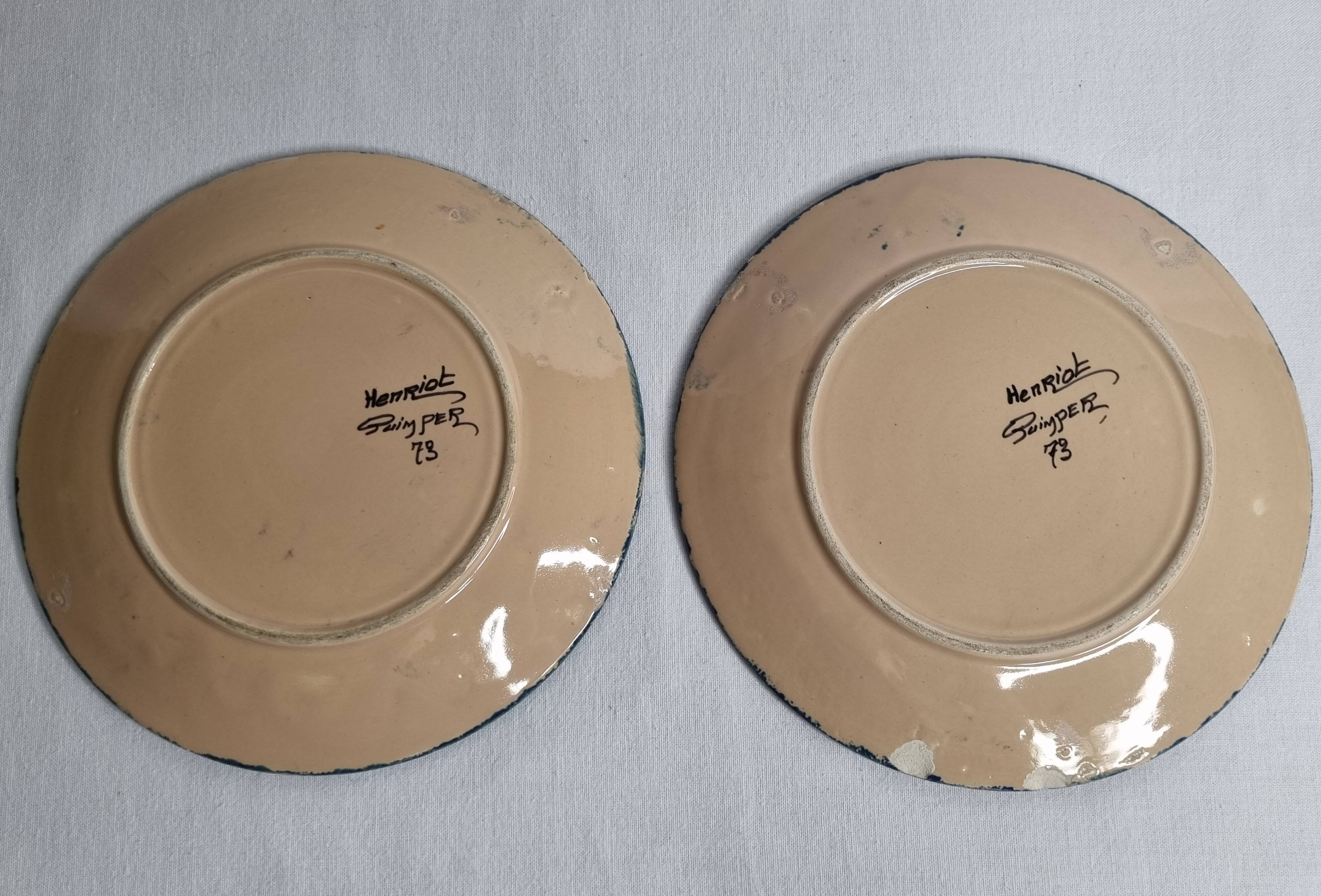 Pair of Henriot Quimper plates, Soulac decoration, signed, 1973, 18 cm