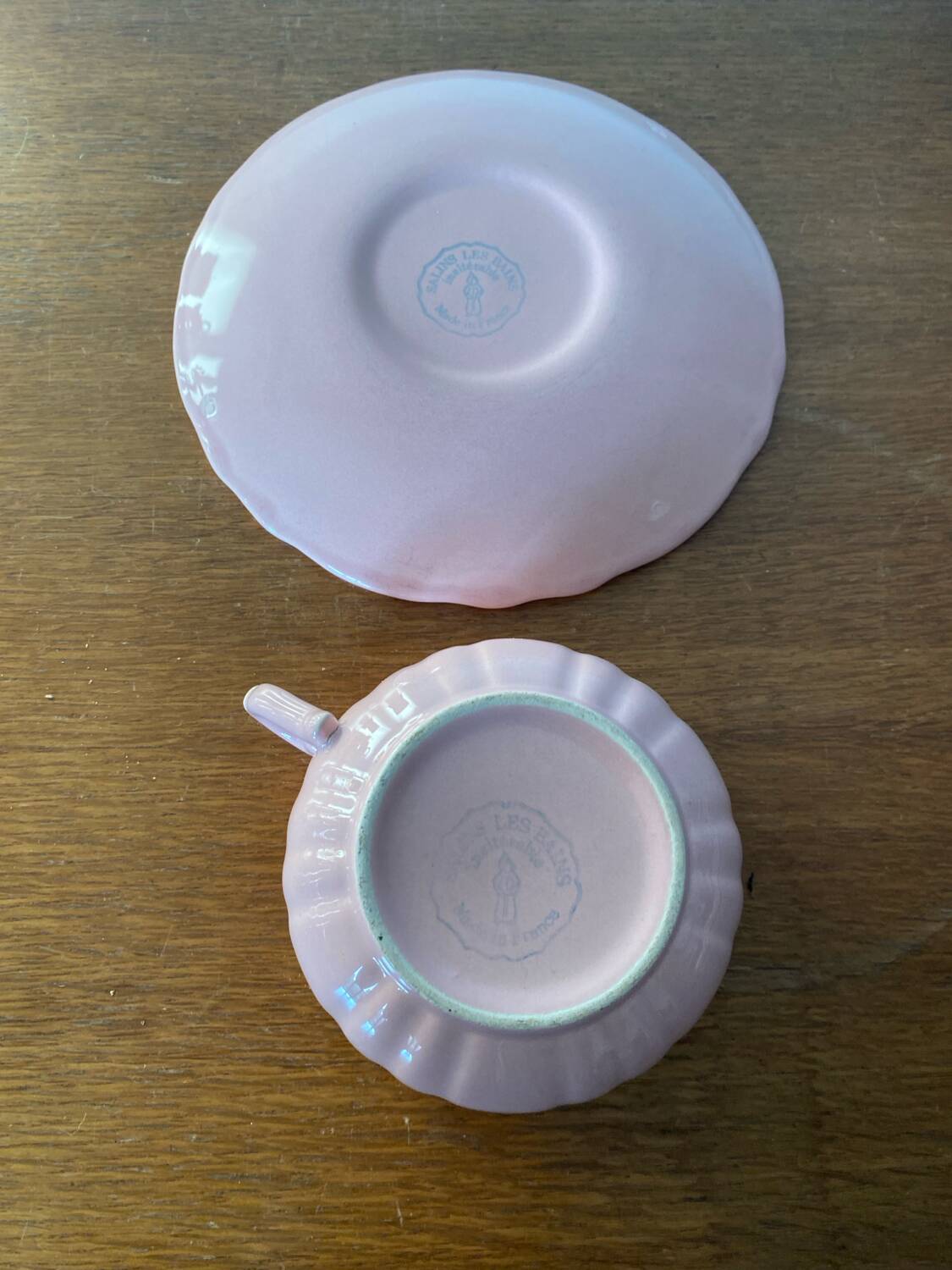 Antique salins les bains cup + saucer pink ceramic france vintage