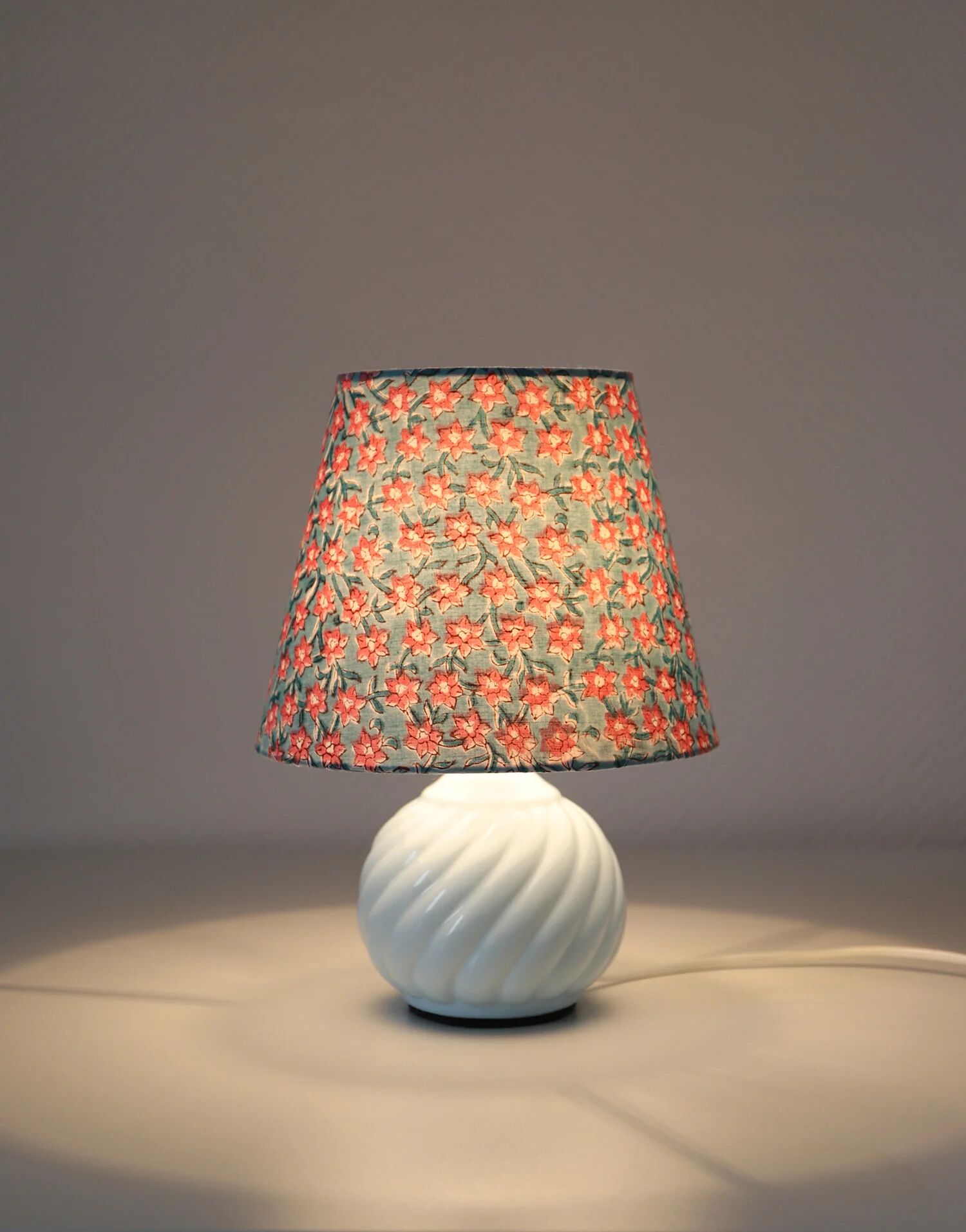 Recycled vintage lamp — twisted blue ceramic base, floral shade