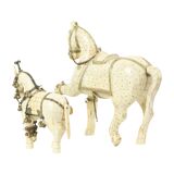 Pair of Decorative Wooden Horses Covered with Bone Mosaic Silver Plated
