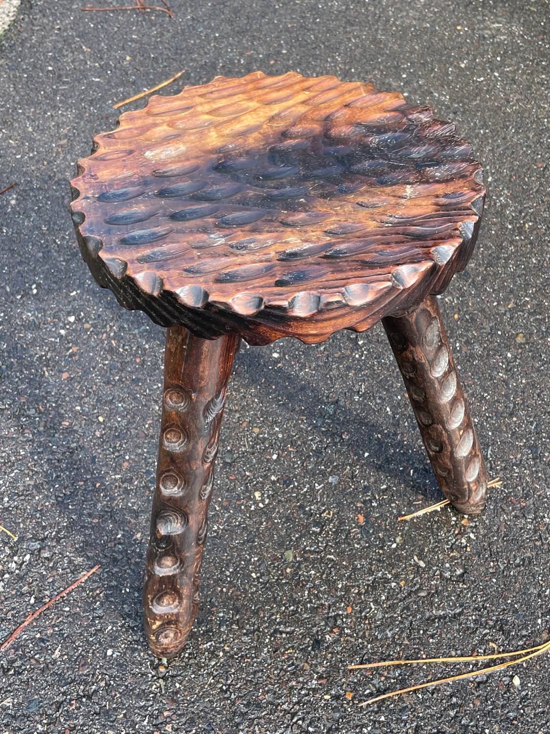 Brutalist low tripod wooden stool