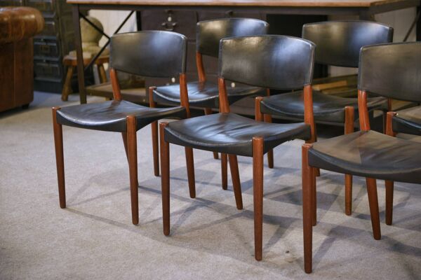Ensemble de 6 chaises Ejner Larsen et A. Bender Madsen pour Willy Beck design scandinave en cuir et palissandre 1960’s