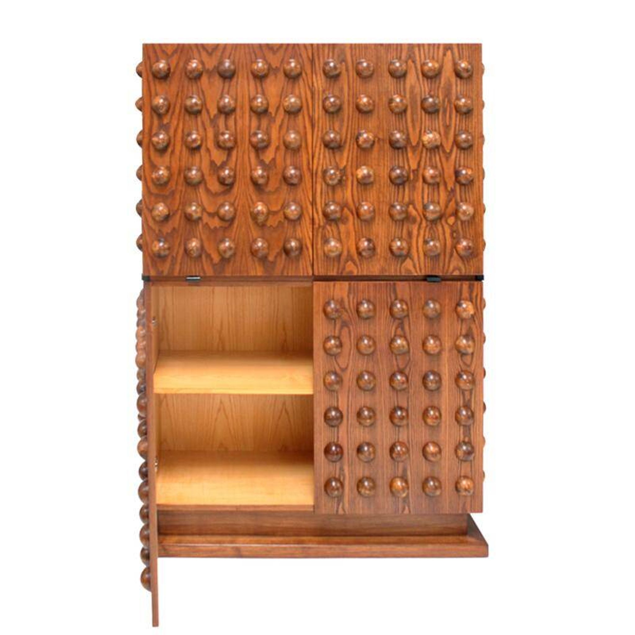 Italian brutalist-style bar made of wood and glass, drinks cabinet.