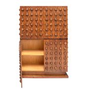 Italian brutalist-style bar made of wood and glass, drinks cabinet.