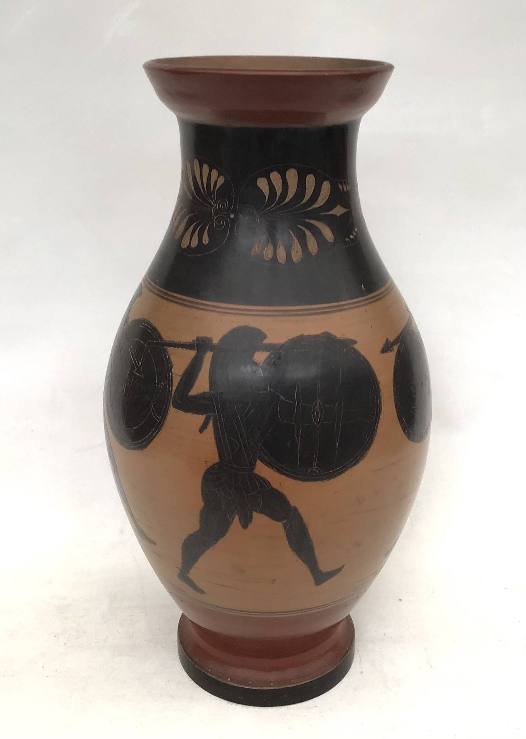 Reproduction of a Greek Attic-style black-figure vase depicting warriors