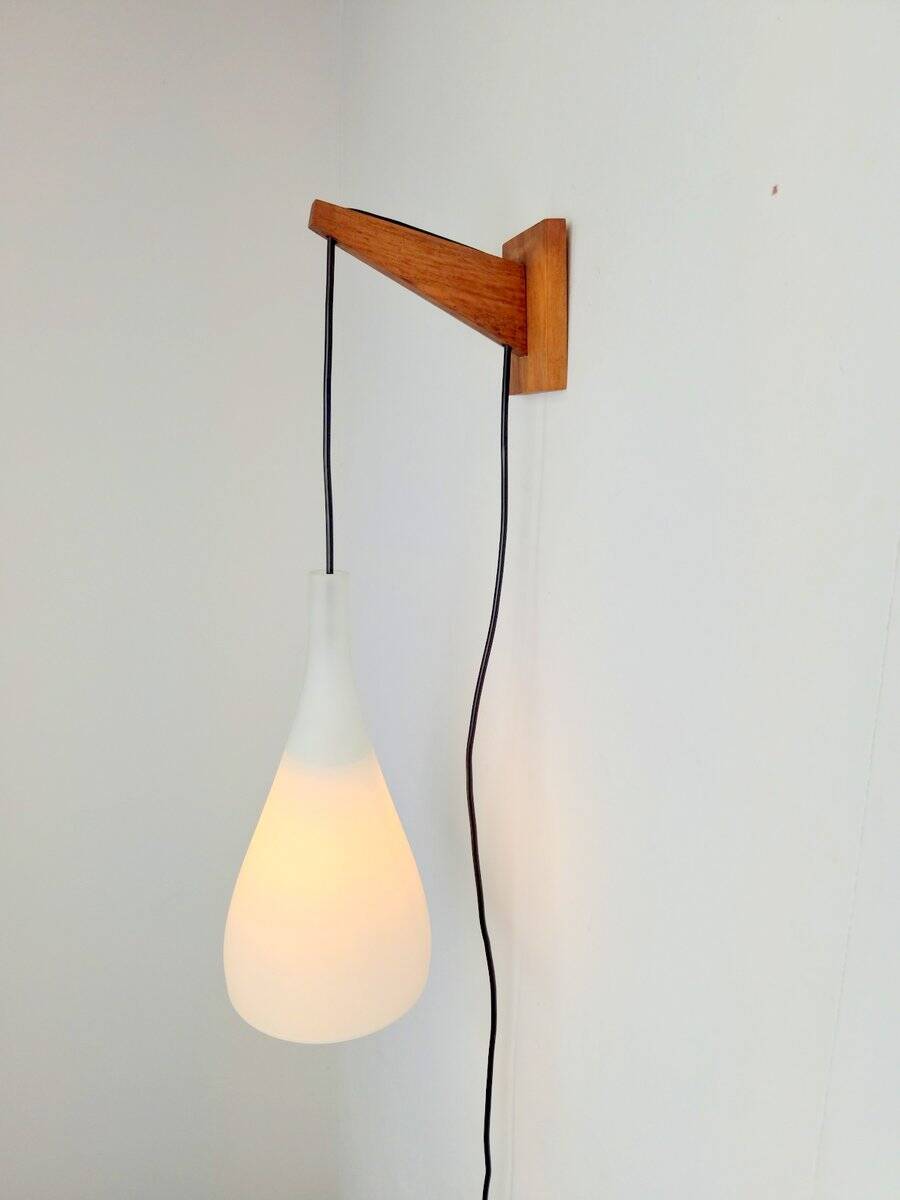 Vintage Tear Drop Wall Lamp in Teak and White Glass, Denmark, 1960s