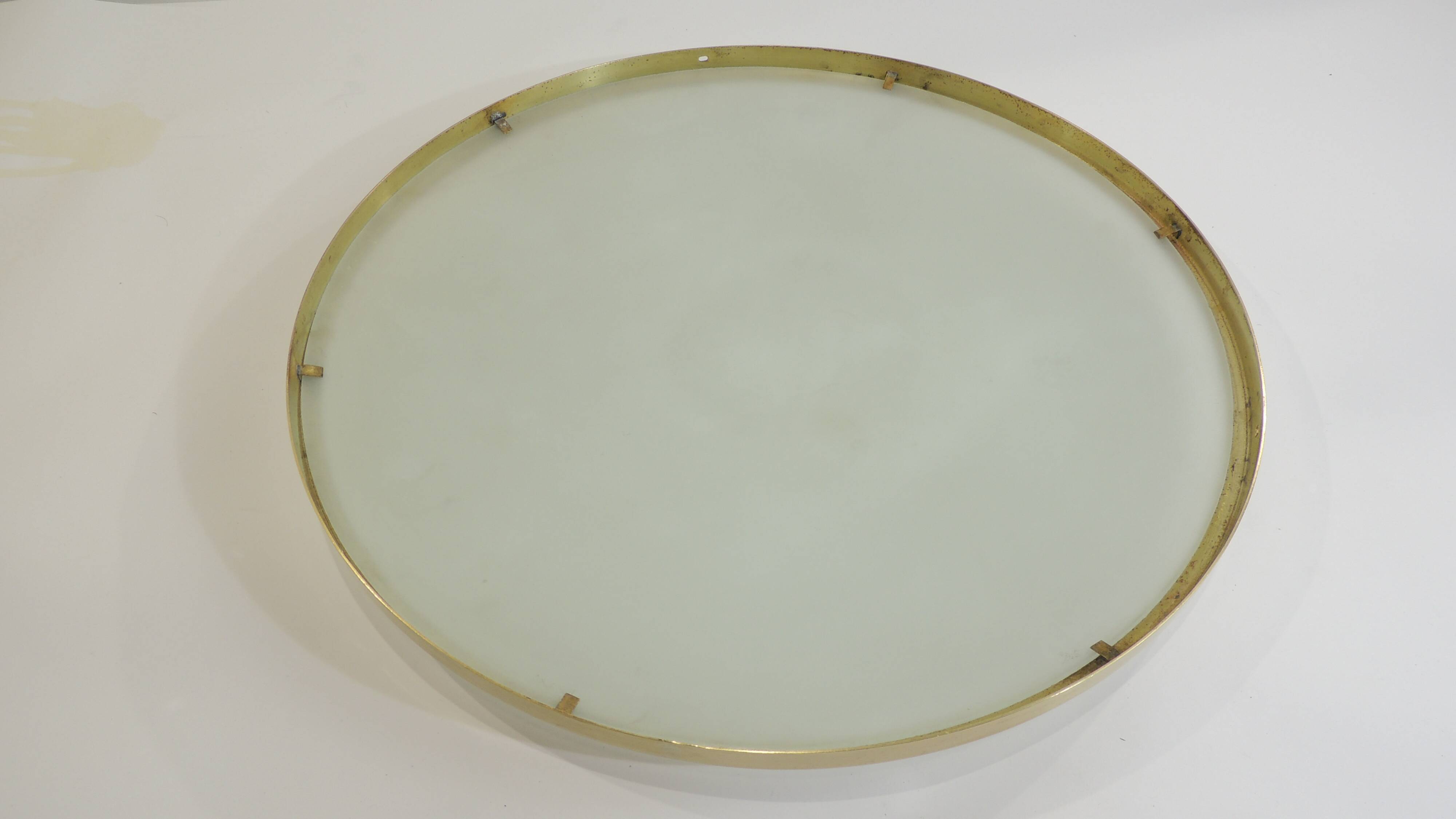 Large vintage ceiling light in opaline glass and brass – Arne Jacobsen style