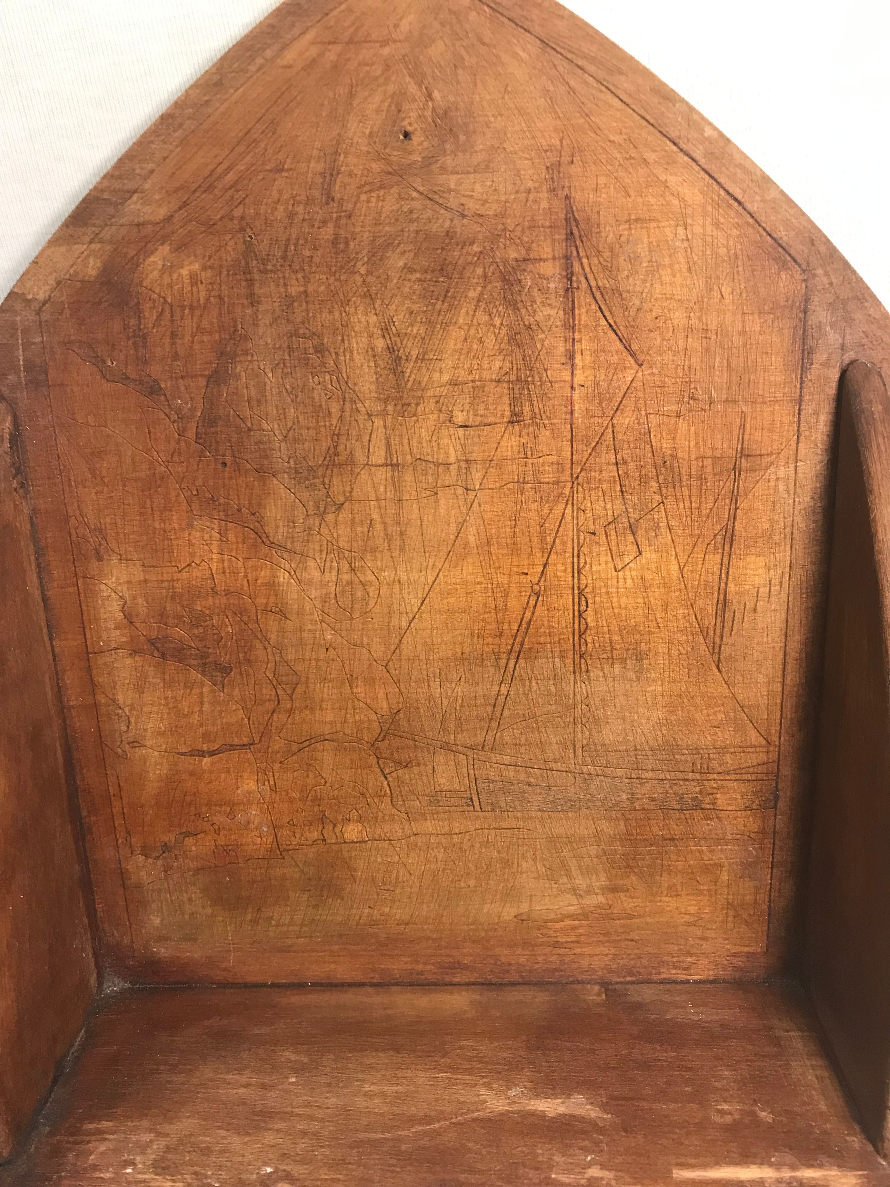 Wall shelf wooden seaside scene engraved