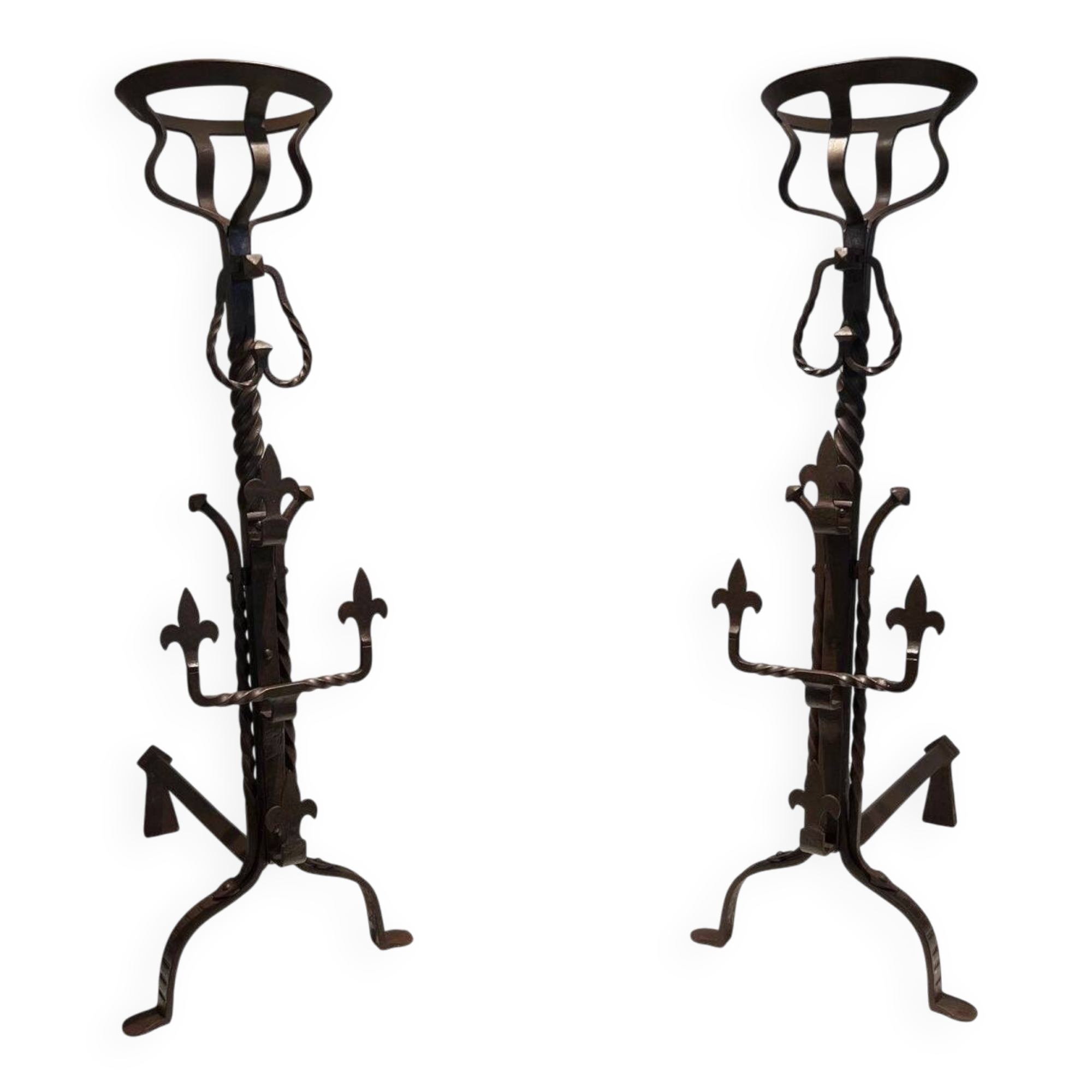 Important Pair of Gothic Wrought Iron Andirons with Fleur-de-Lis