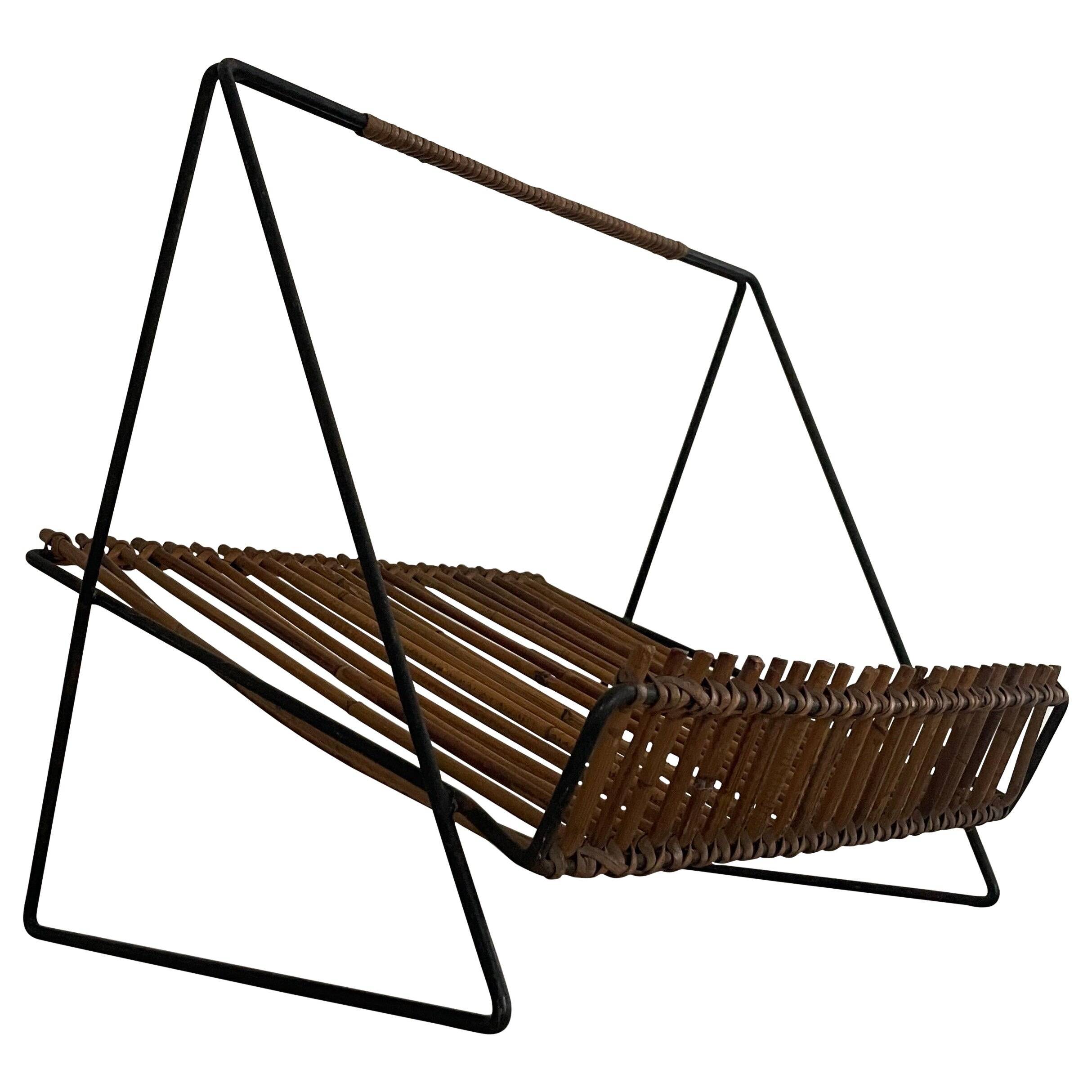 Mid-century black metal and rattan magazine rack, 1960, Italy