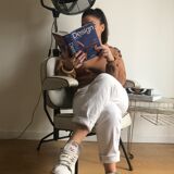 Vintage hairdresser's armchair with helmet transformed into a lamp