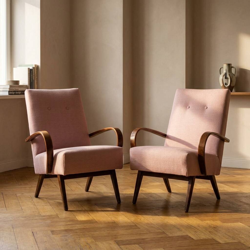 Restored bentwood armchairs by Jaroslav Šmídek, pair, Czechoslovakia, new pink upholstery, 61 × 82 × 81 cm