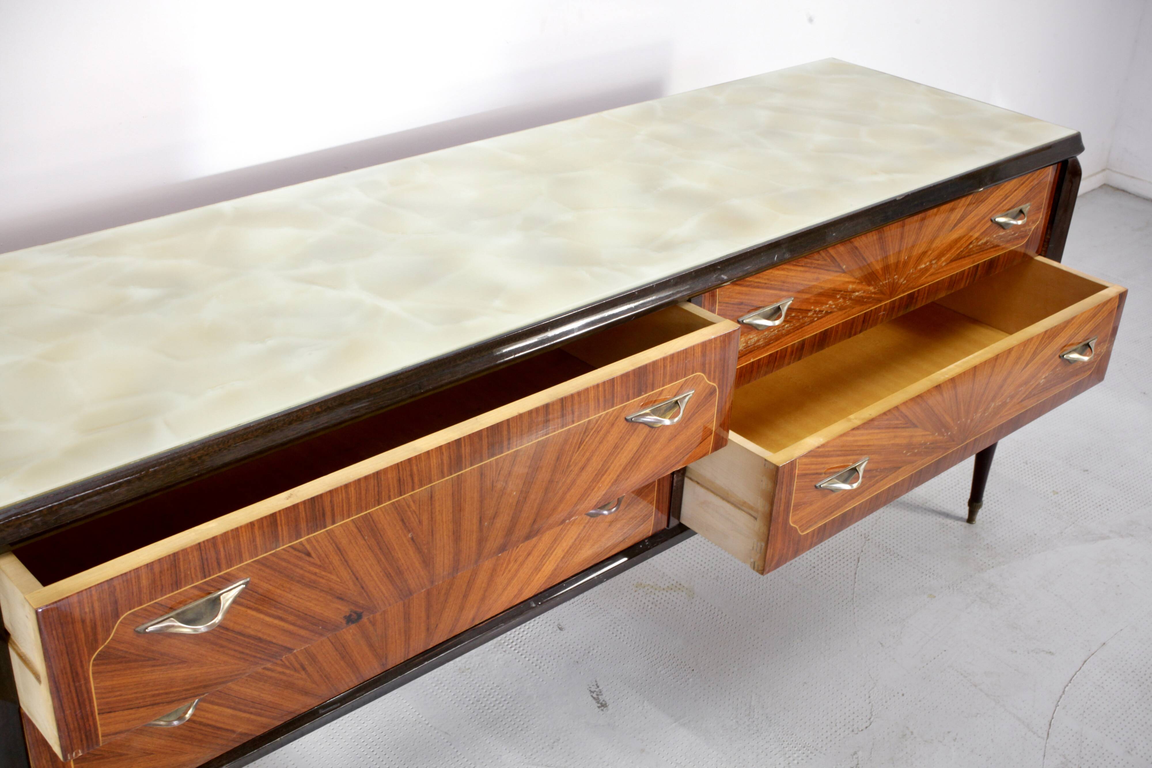 Midcentury Italian Sideboard / Dresser In Walnut And Brass. Vintage Modern