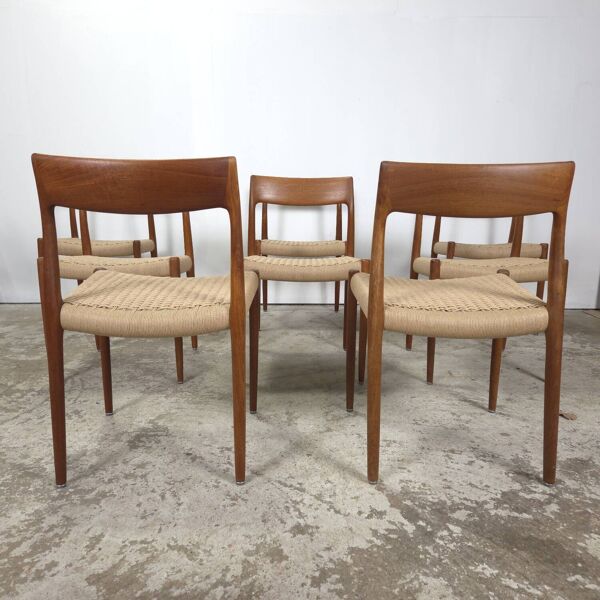 Chaise de salle à manger Niels Møller modèle 77 en teck avec nouvelle corde à papier