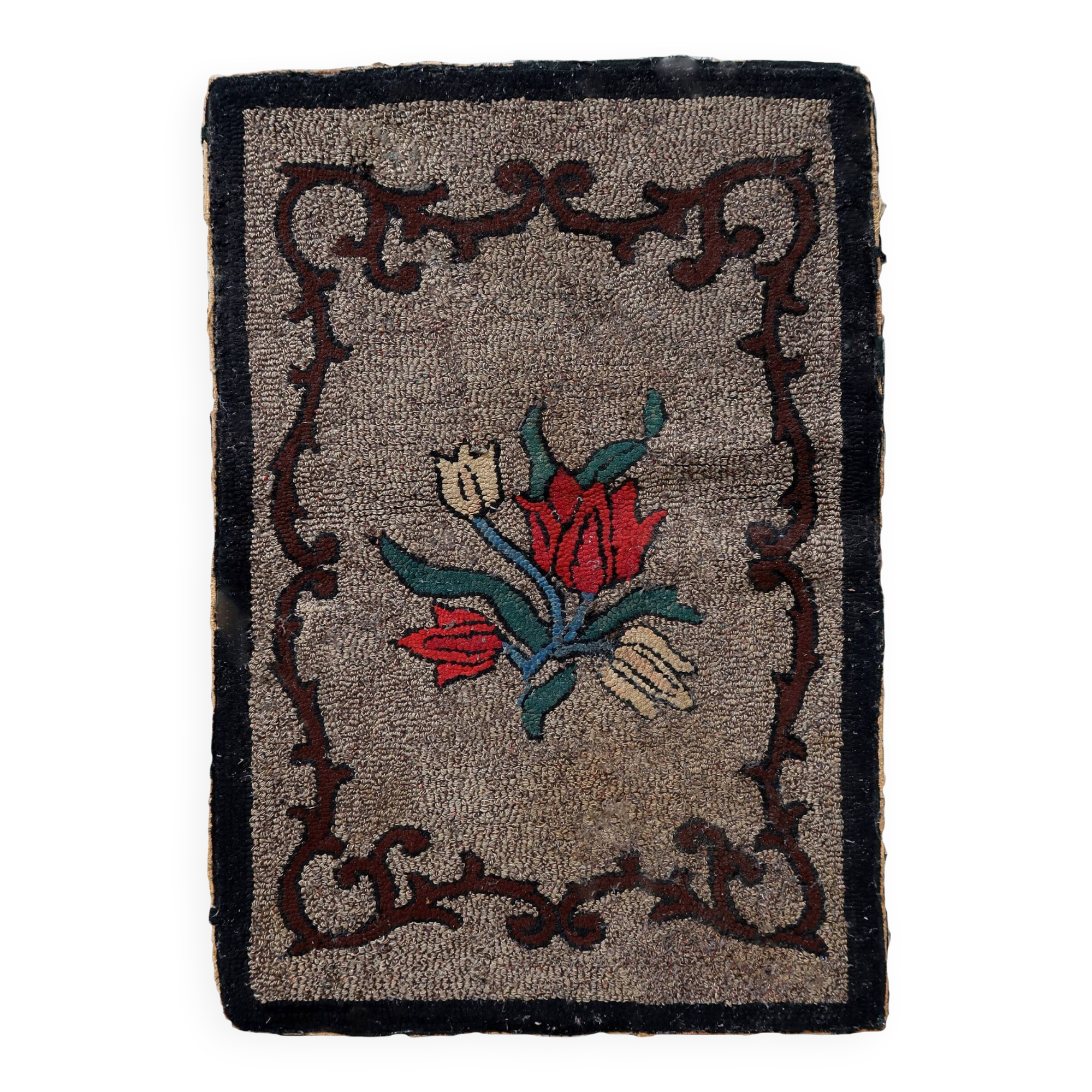 Tapis Hooked antique américain – 63 x 101 cm – Motif floral - 1C977