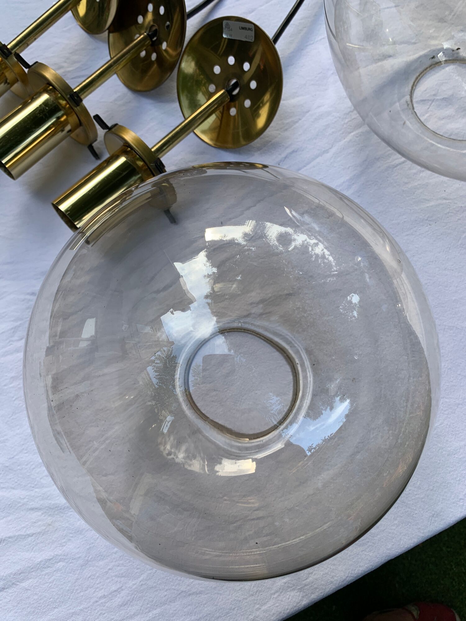Set of three suspensions in glass and brass Limburg 70s