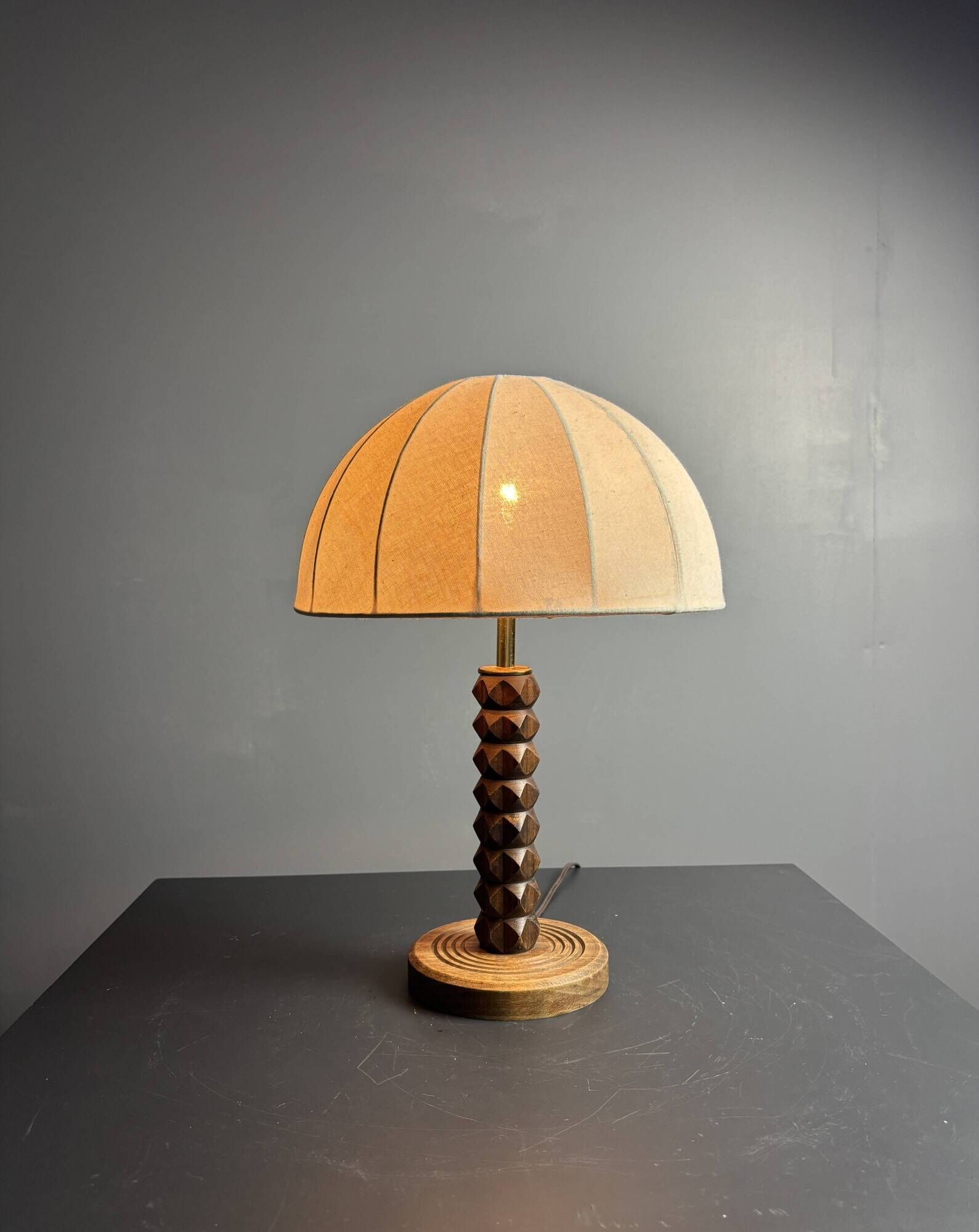 Midcentury brutalist wood turned mushroom table lamp, Charles Dudouyt style