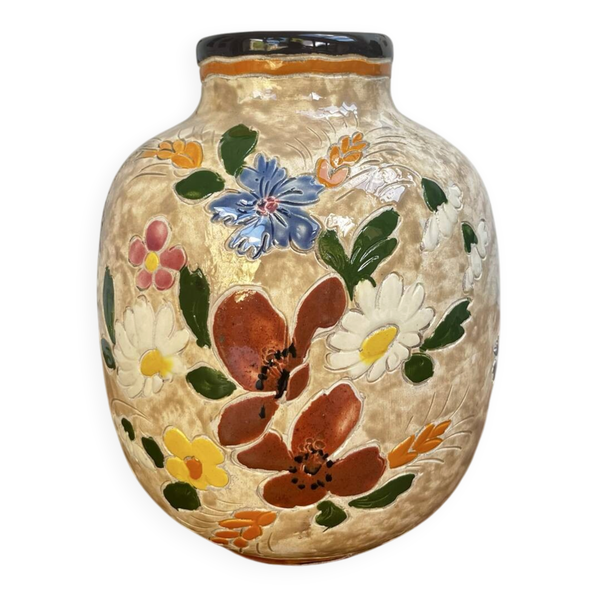Ceramic vase by J. Massier Vallauris with floral decoration.