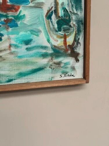 Original Swedish Oil on Canvas" Harbor" By Sven Sinde, Vintage & Framed 47×38cm