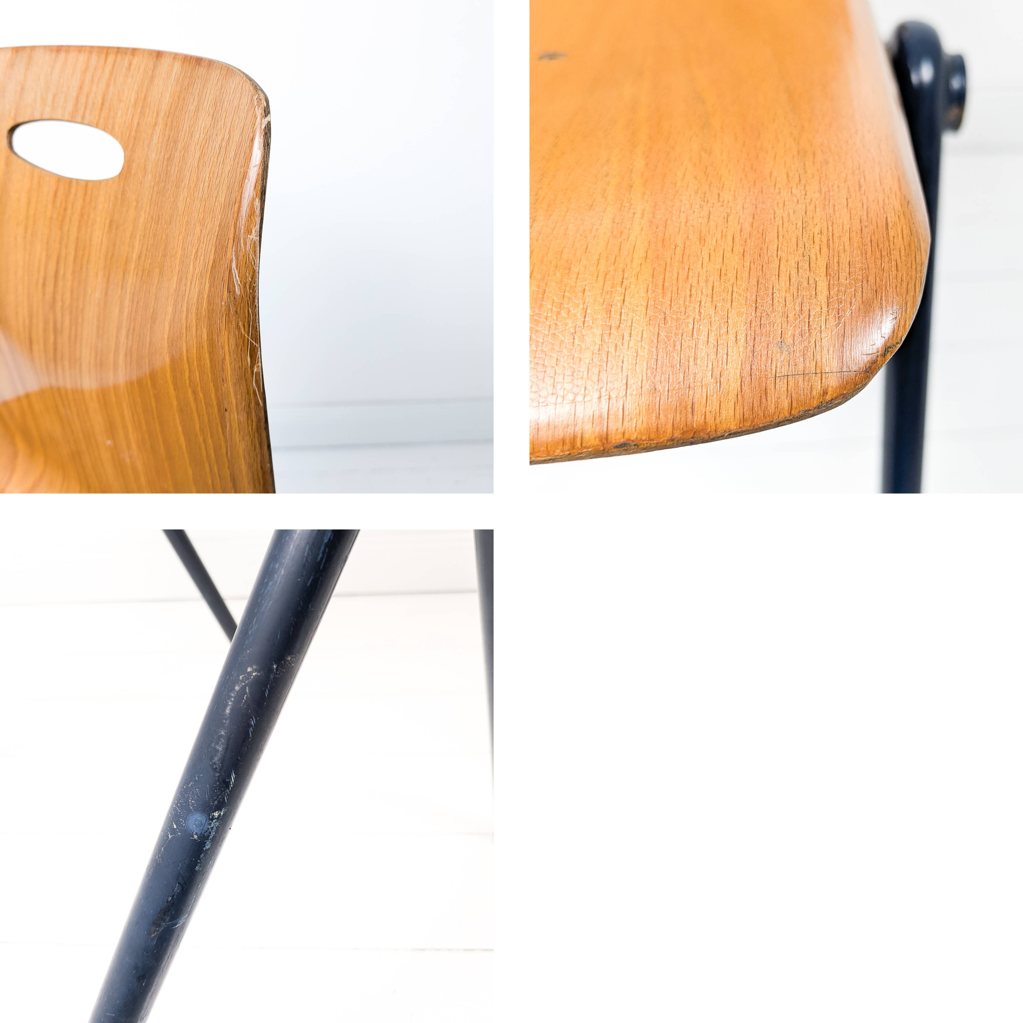 Lot de 4 chaises empilables vintage métal bois, style industriel Mid-Century