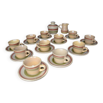 11 St Amand glazed stoneware cups and saucers/sugar bowl/milk jug