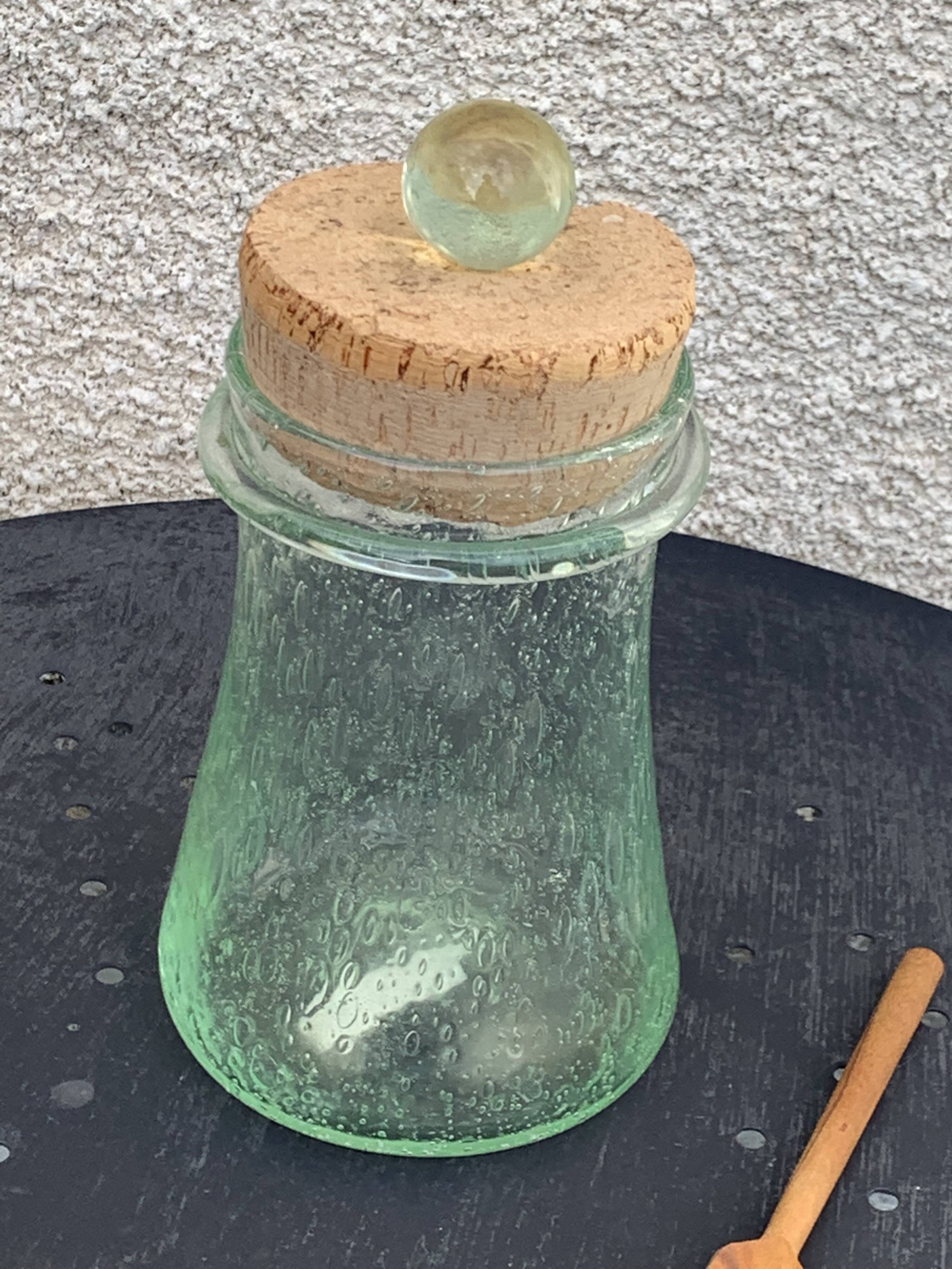 Olive or pickle jar in Biot bubble glass, hand-blown