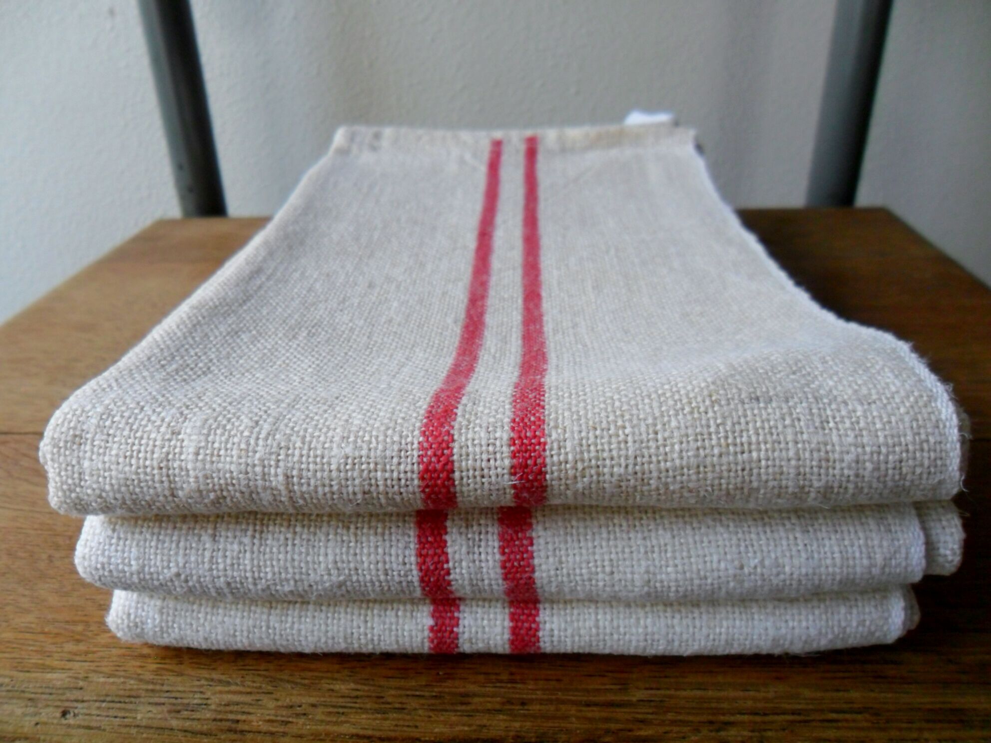 Set of 3 old hemp tea towels