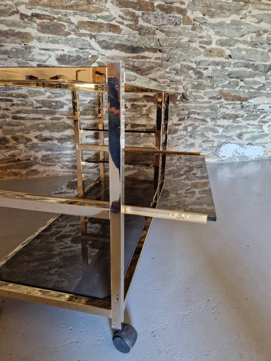 70s glass TV cabinet shelf console