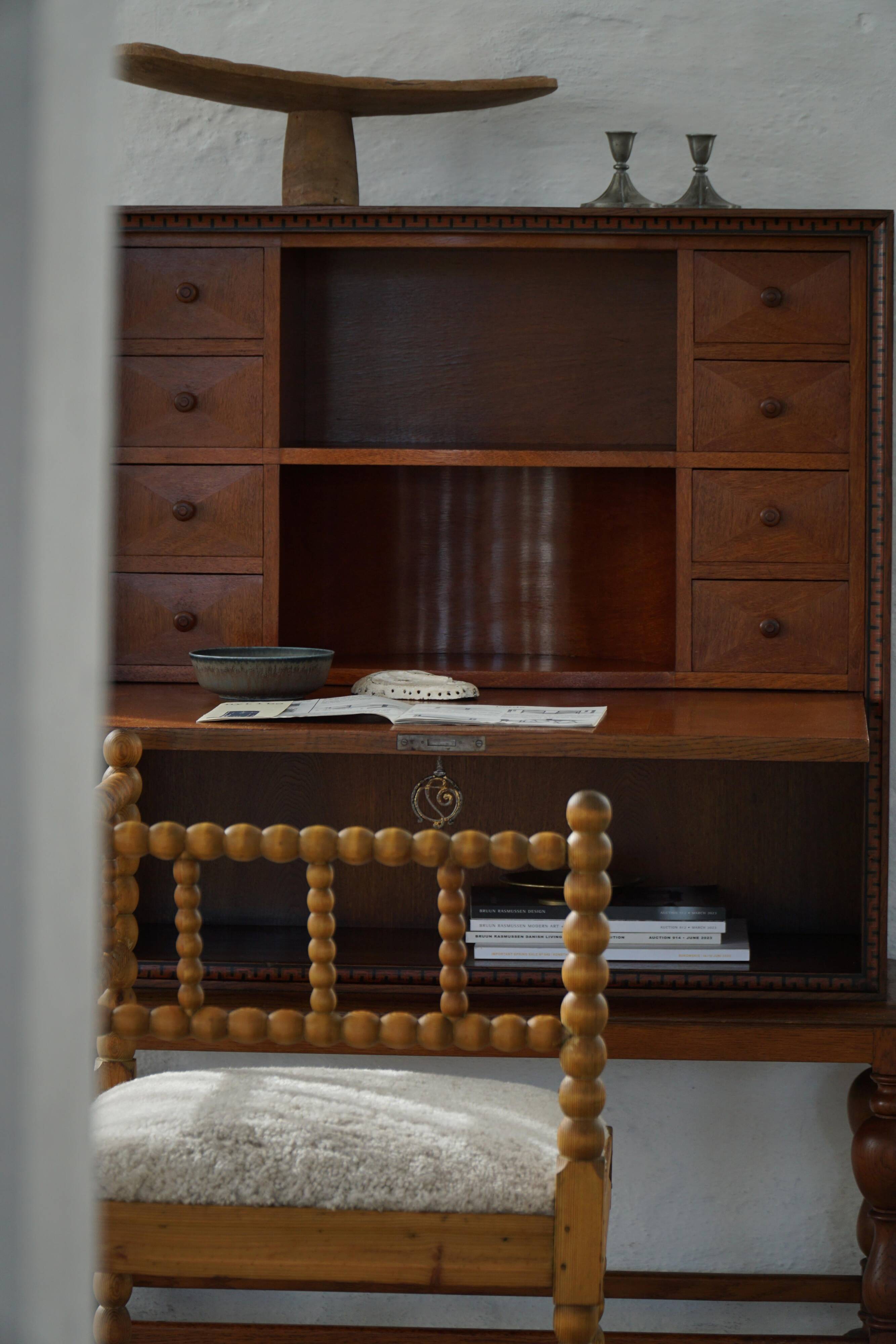 Modern Danish secretary, unique handmade oak, mid-20th century.