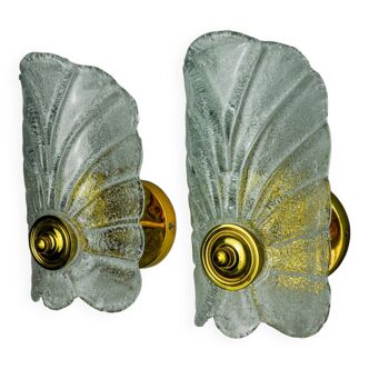 Pair of frosted leaf sconces, murano glass, italy, 1970