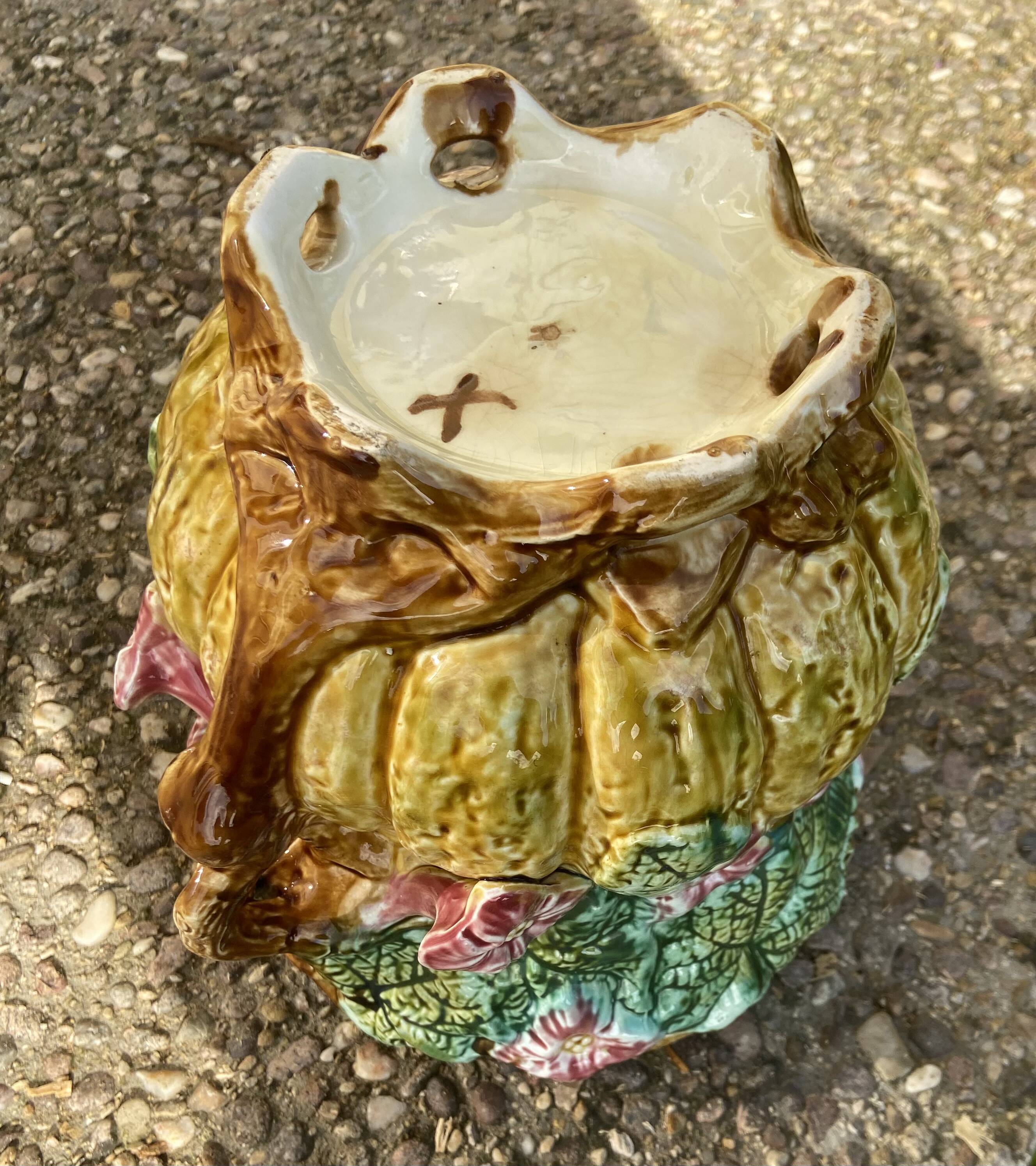 Antique cache-pot in majolica with floral decoration – Turquoise interior