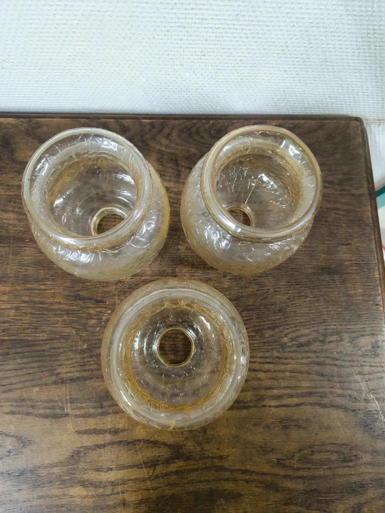 Set of 3 vintage amber textured glass globes/shades.