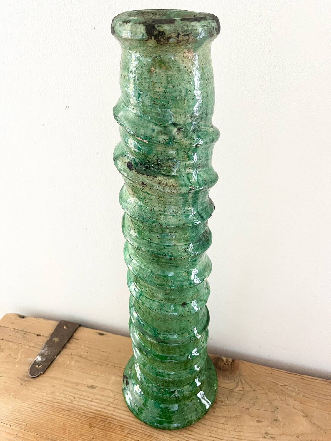 Green enamelled terracotta candle holder 50 cm