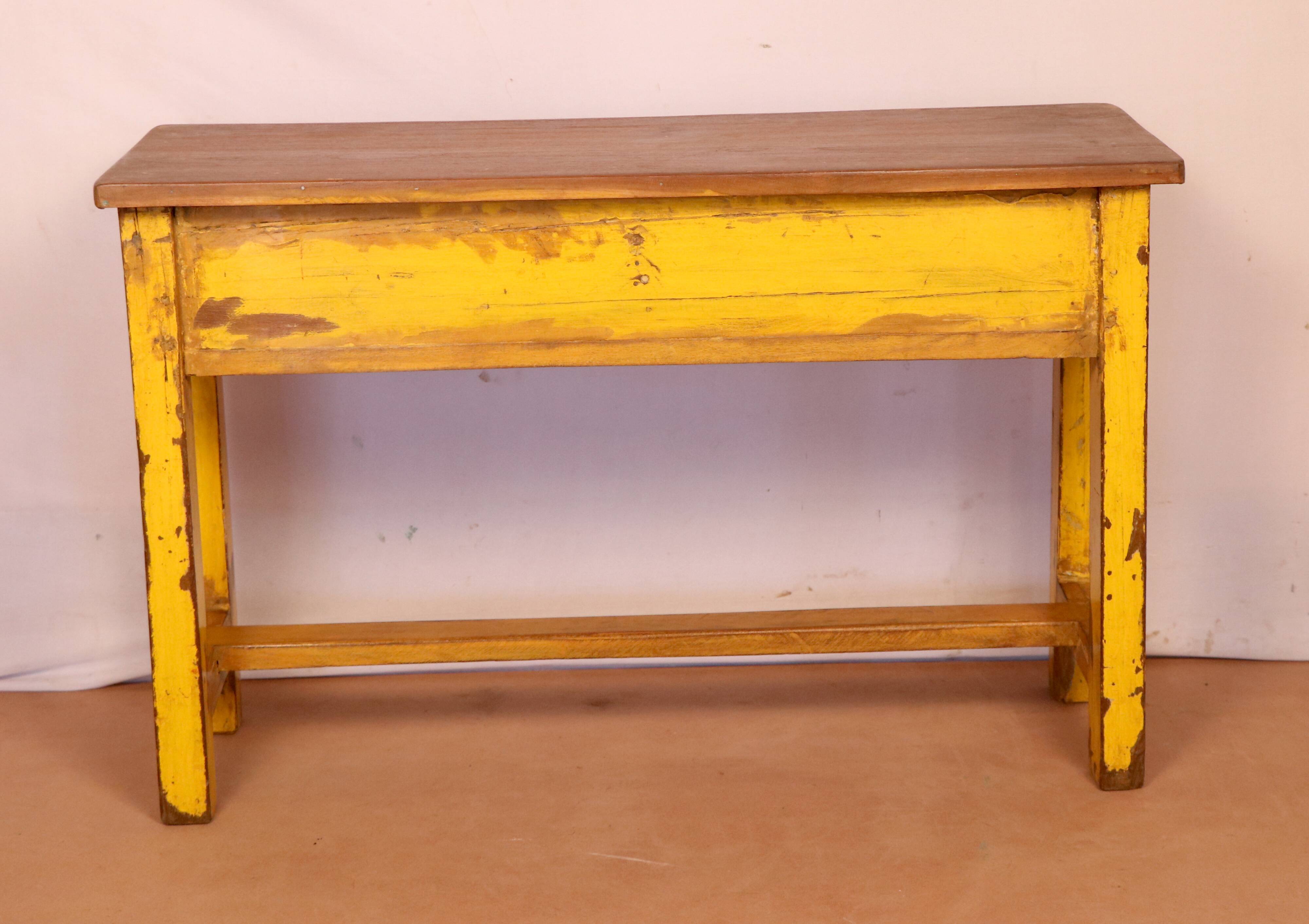 Old set desk and school chair in original yellow teak Burmese patina